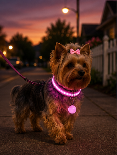 Small dog wearing the pink GlowCollar LED collar