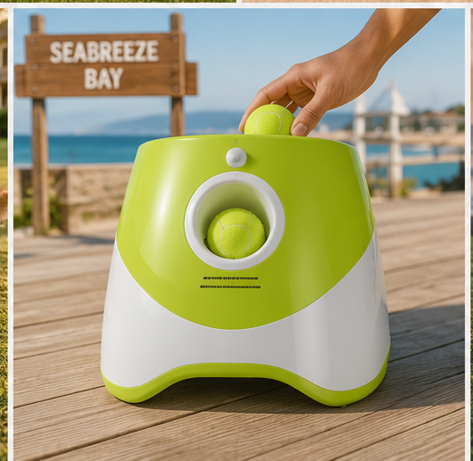 FetchMatic automatic ball launcher for dogs — compact green device with ball reload slot