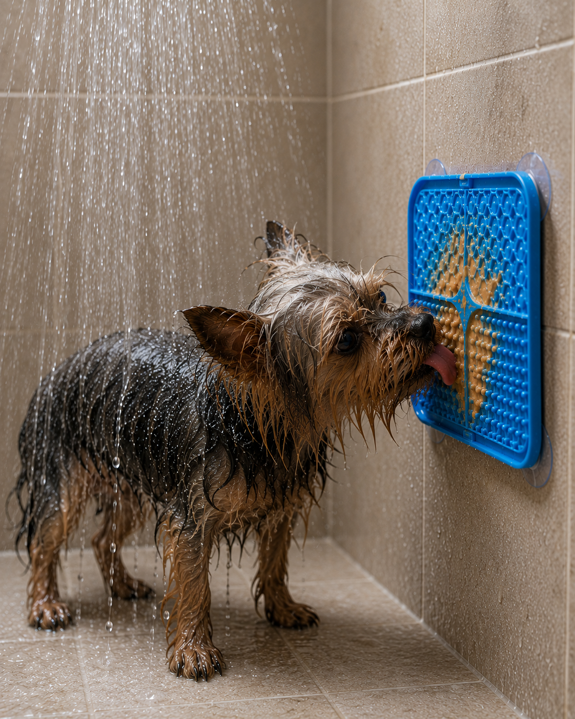 Dog testing the Lick&Chill lick mat suction cups in the shower