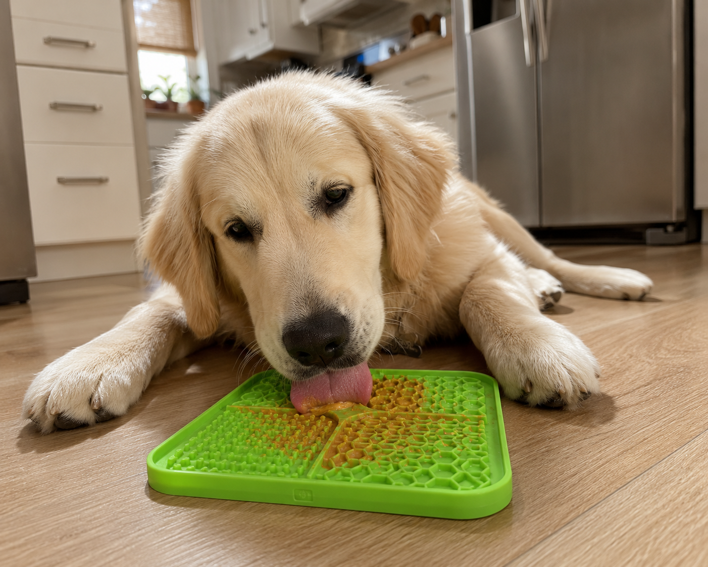 Golden retriever puppy licking peanut butter off a Lick&Chill calming mat