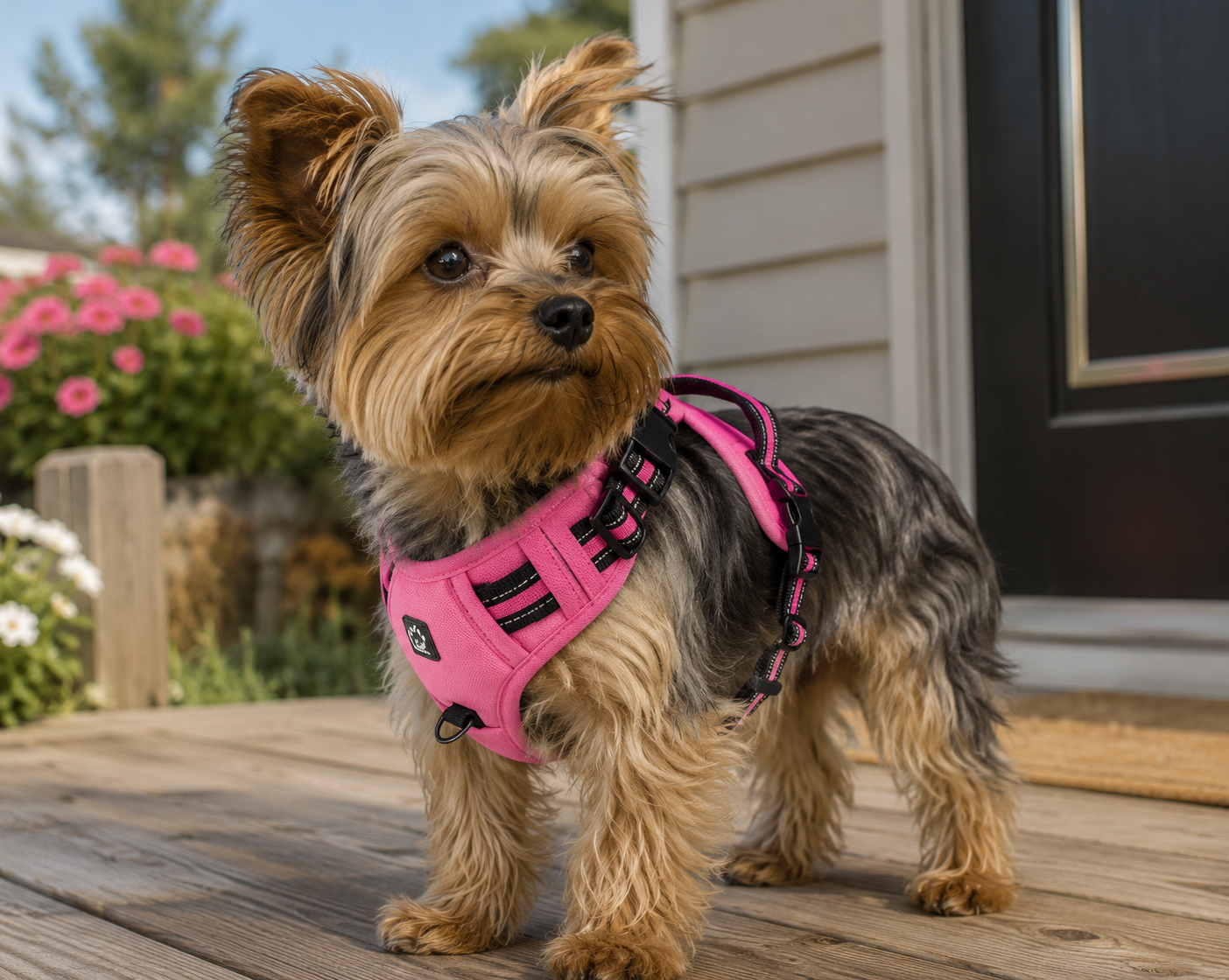 Small dog wearing the pink FreeWalk no-pull dog harness