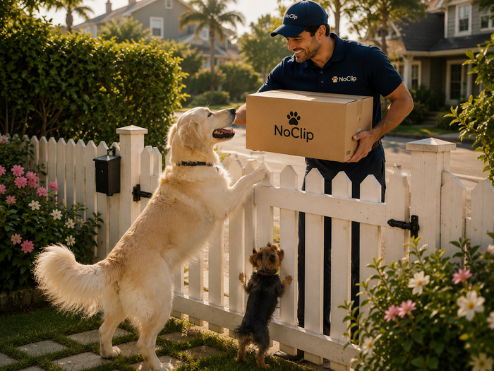 Mail carrier delivering the NoClip dog nail scratch board package