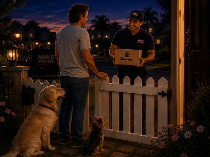 Dog wearing the GlowVest LED light-up harness at dusk