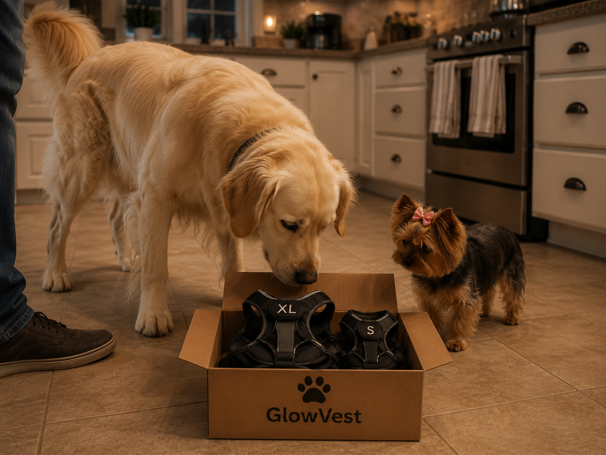 GlowVest LED dog harness glowing during a night walk