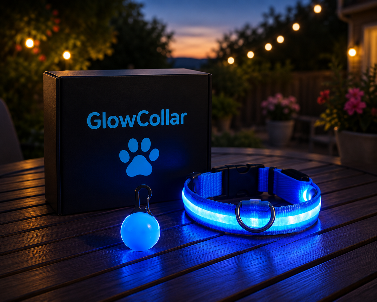 Two dogs wearing GlowCollar LED collars together at night