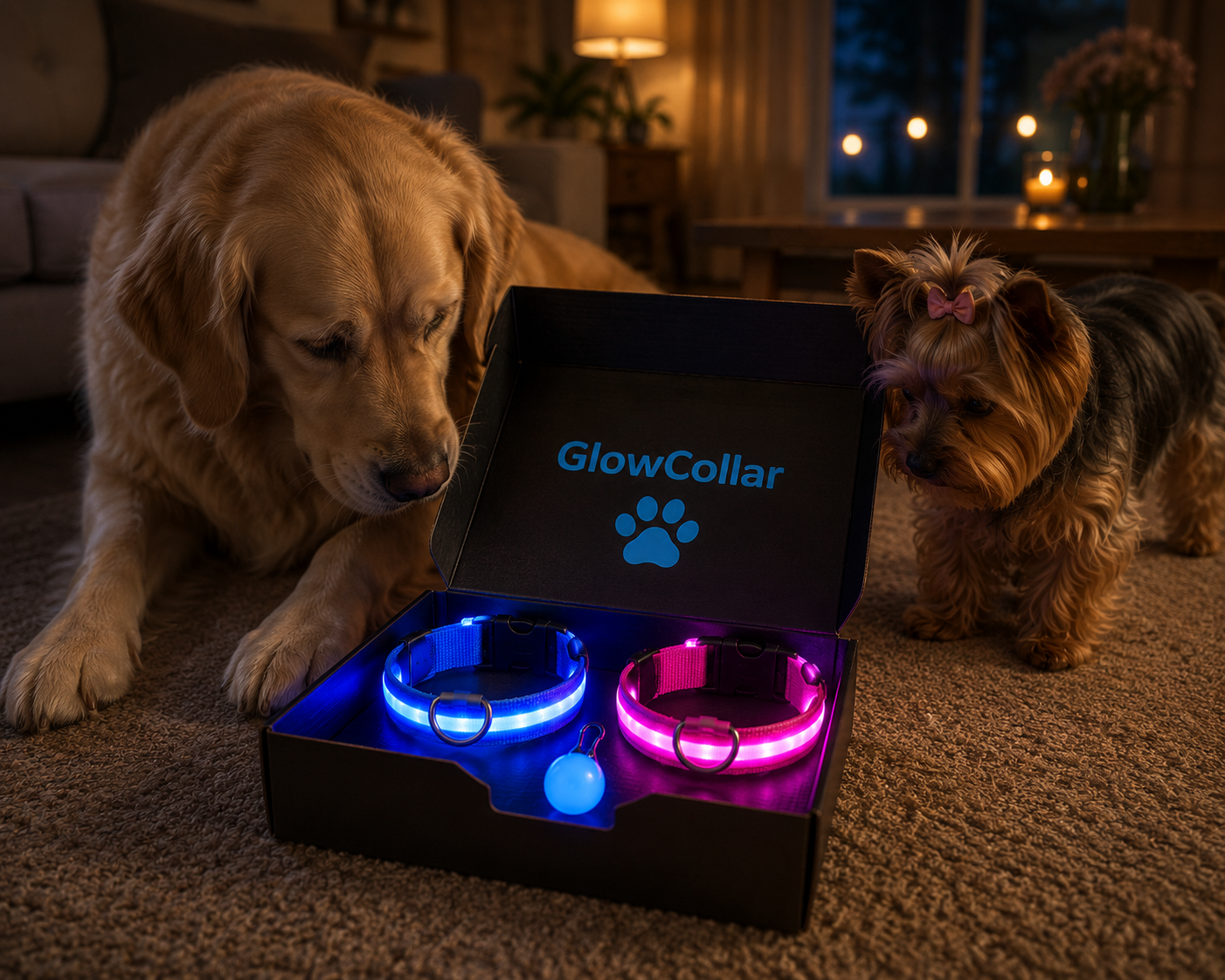 GlowCollar LED dog collar glowing at night