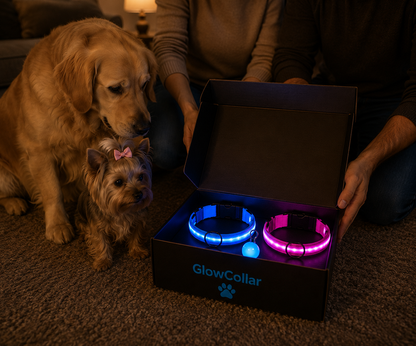 Two GlowCollar rechargeable LED dog collars, blue and pink