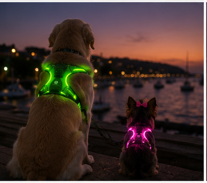 GlowVest LED dog harness detail showing the light modes