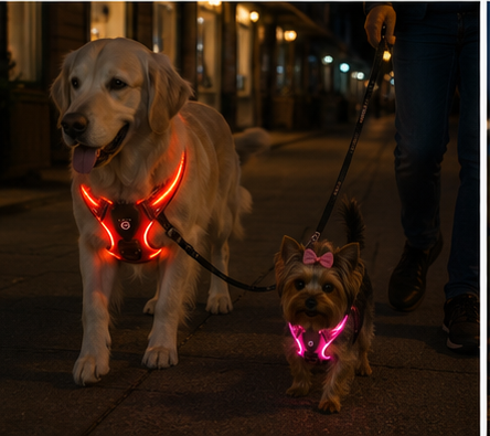 Dog wearing the GlowVest LED harness in blue