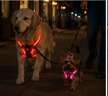 Dog wearing the GlowVest LED harness in blue