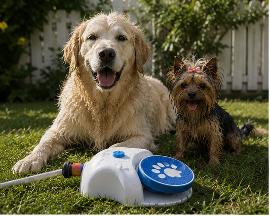 Two dogs lying near the PawPedal outdoor pet water fountain