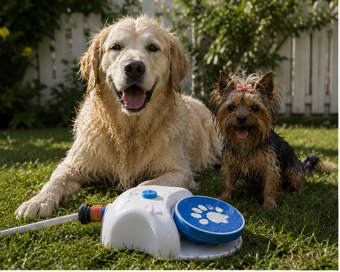 Two dogs lying near the PawPedal outdoor pet water fountain