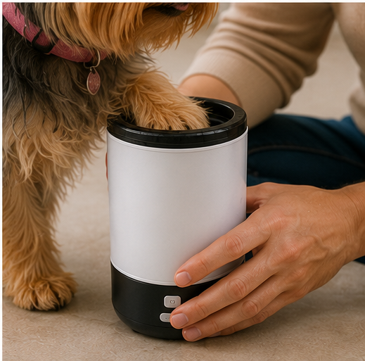 PawSpin rechargeable paw cleaner cup being filled with water